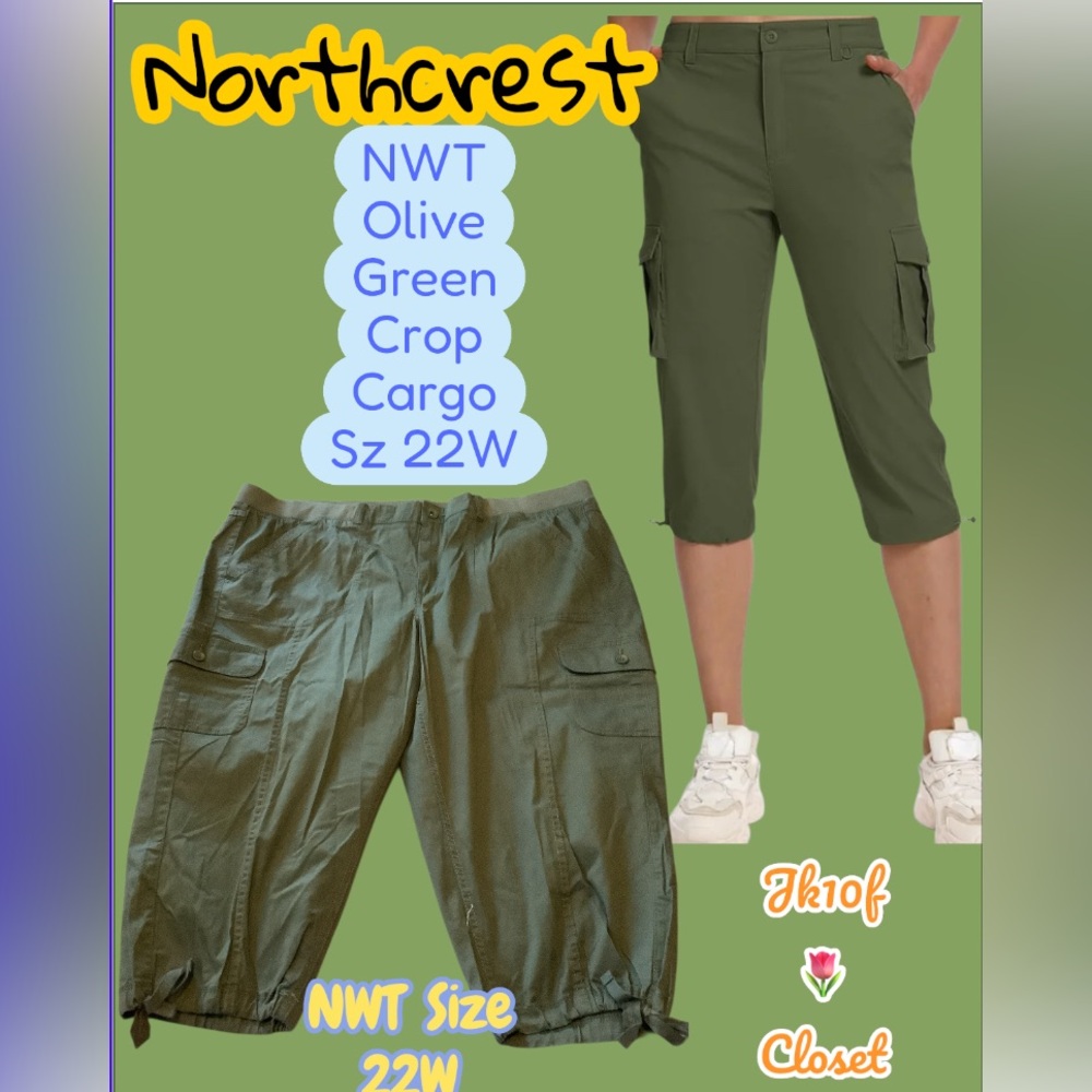 LOWEST🌺 NWT NORTHCREST Sz22W OLIVE GREEN STRETCH WAIST CROP CARGO PANTS